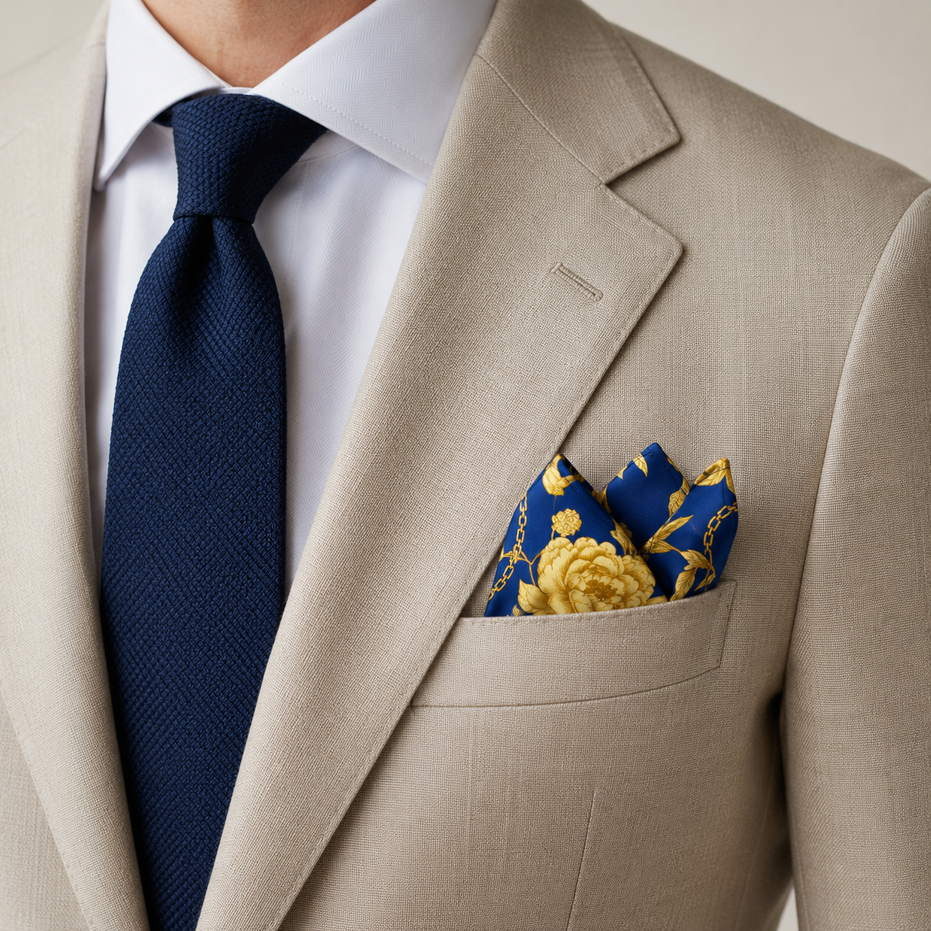 Navy Blue Floral Silk Pocket Square by Monzoro – view 17