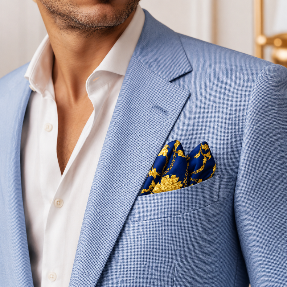 Navy Blue Floral Silk Pocket Square by Monzoro – view 19