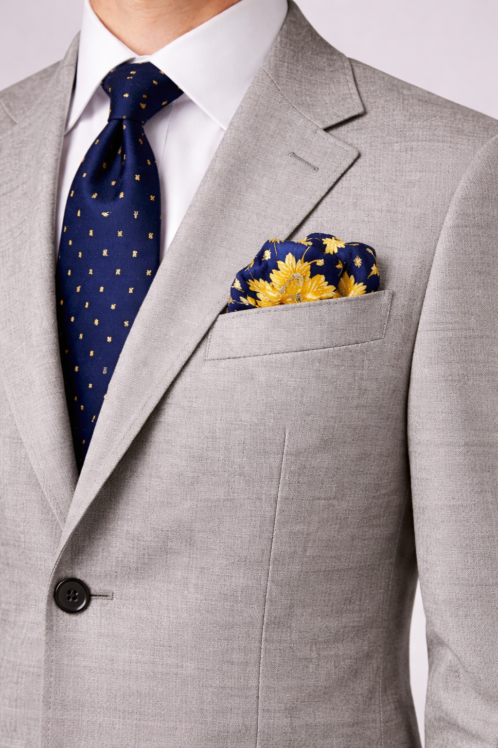 Navy Blue Floral Silk Pocket Square by Monzoro – view 4
