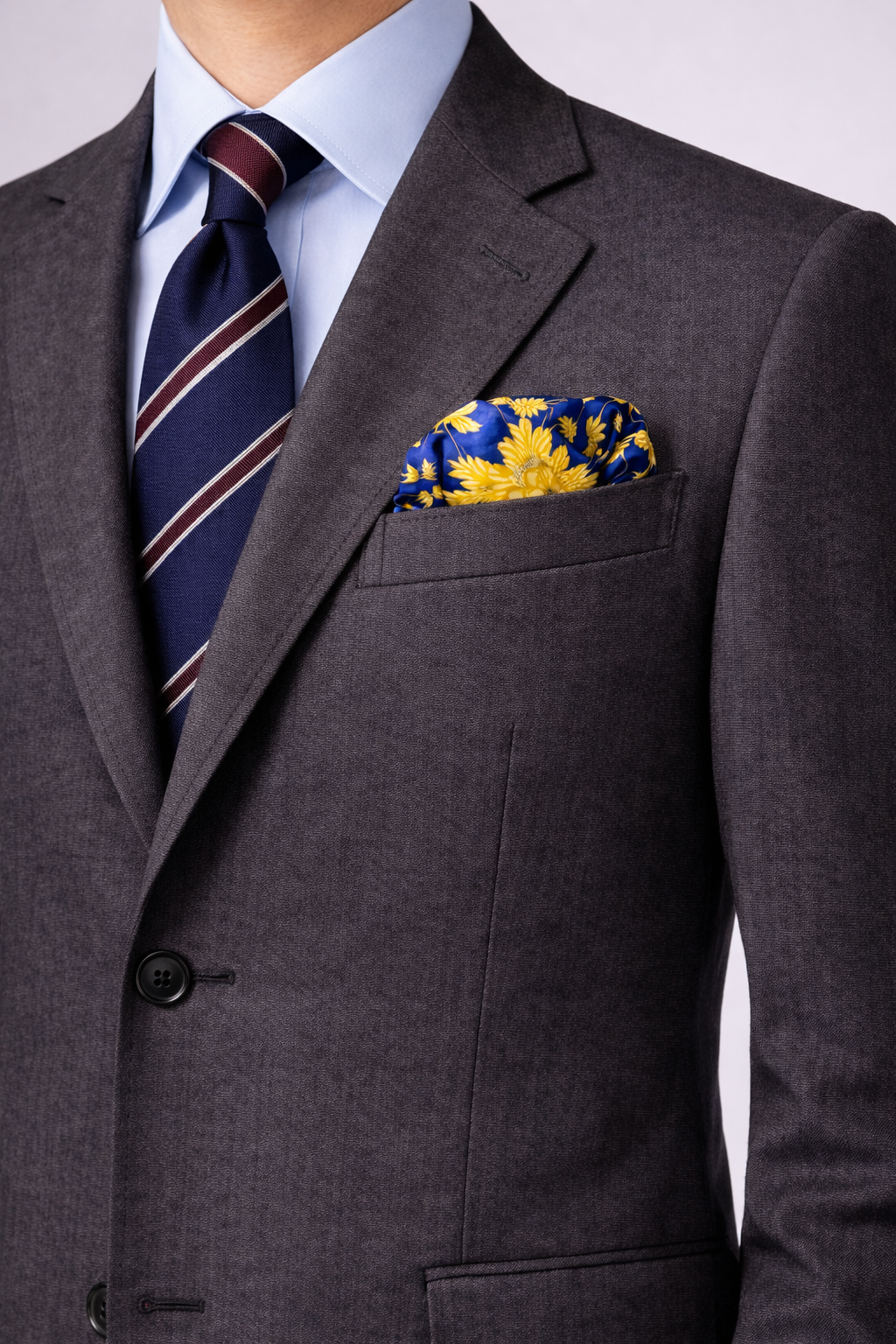 Navy Blue Floral Silk Pocket Square by Monzoro – view 5