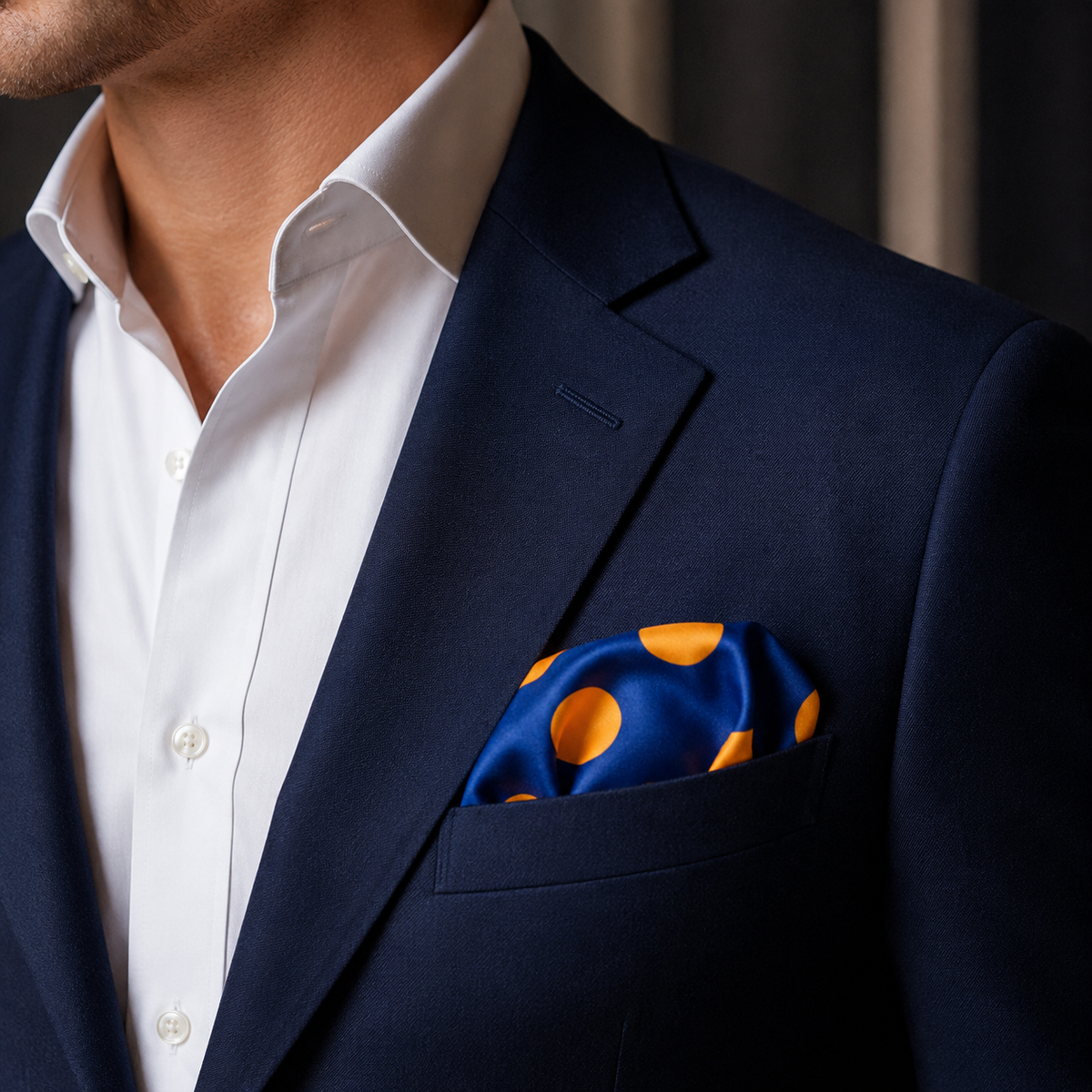 Navy Blue with Orange Polka Dots Silk Pocket Square by Monzoro – view 28