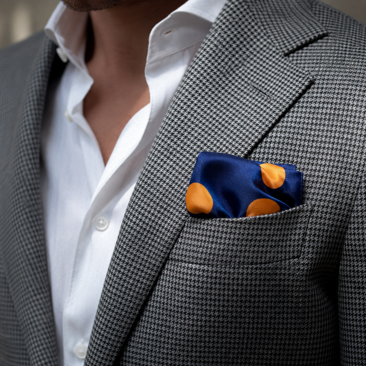 Navy Blue with Orange Polka Dots Silk Pocket Square by Monzoro – view 29
