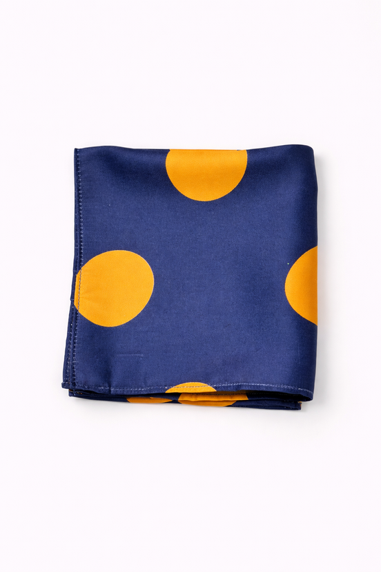Navy Blue Silk Pocket Square with Orange Polka Dots by Monzoro – view 2