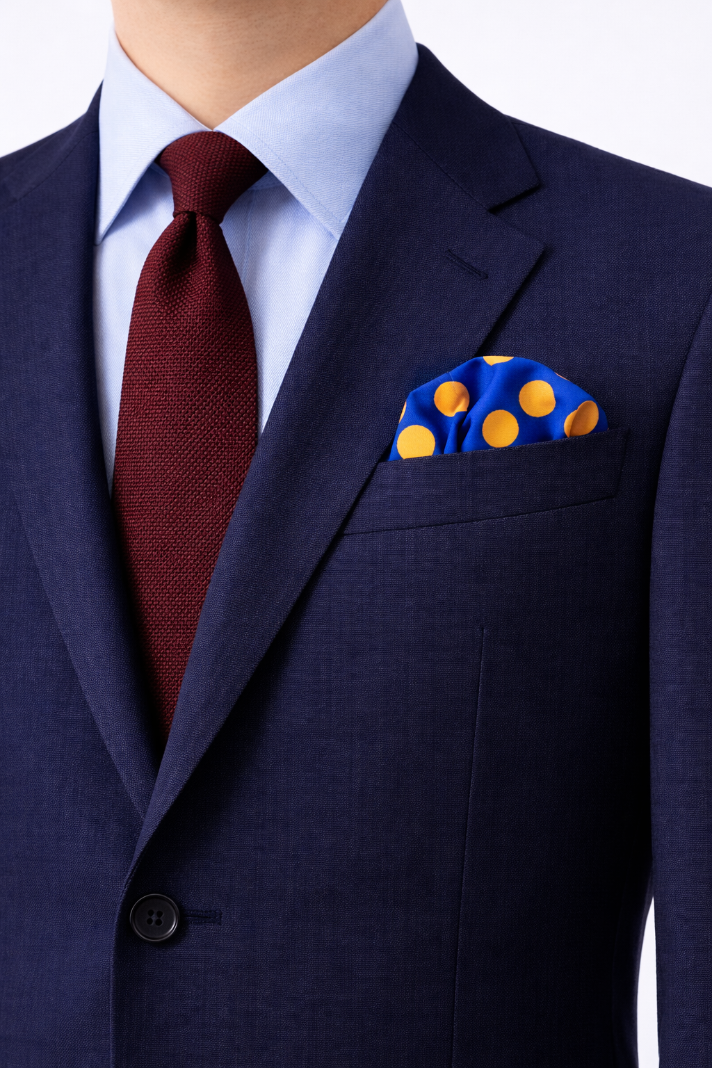 Navy Blue Silk Pocket Square with Orange Polka Dots by Monzoro – view 3