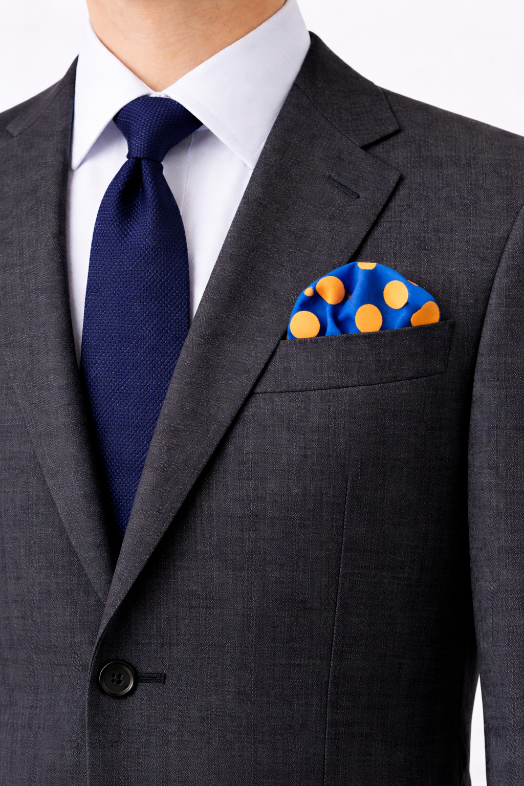 Navy Blue Silk Pocket Square with Orange Polka Dots by Monzoro – view 4