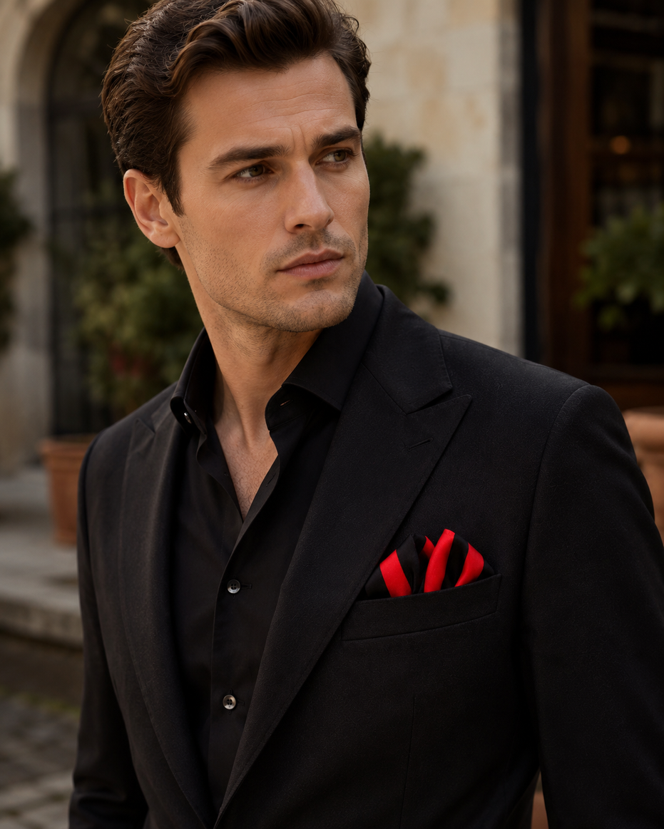 Red and Black Silk Pocket Square by Monzoro – view 16