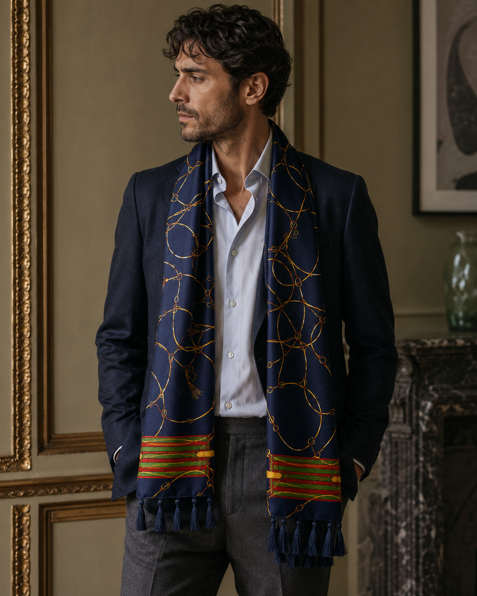 Royal Blue and Gold Stripes Silk Scarf by Monzoro – view 14