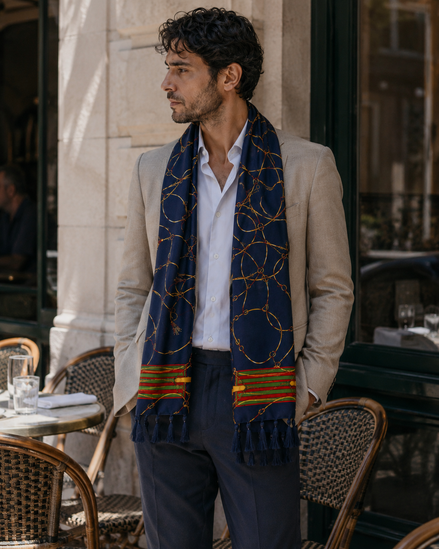 Royal Blue and Gold Stripes Silk Scarf by Monzoro – view 15