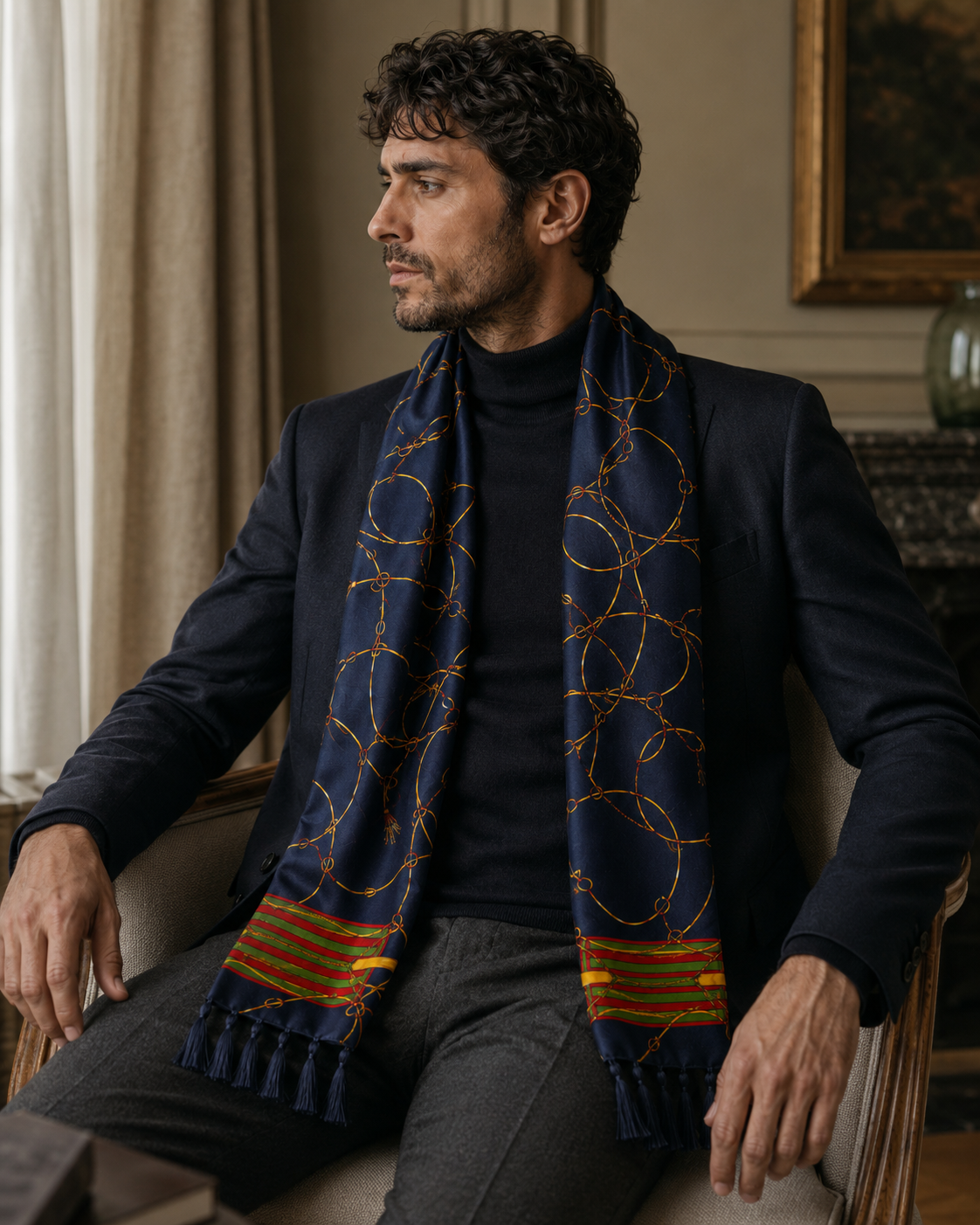 Royal Blue and Gold Stripes Silk Scarf by Monzoro – view 16