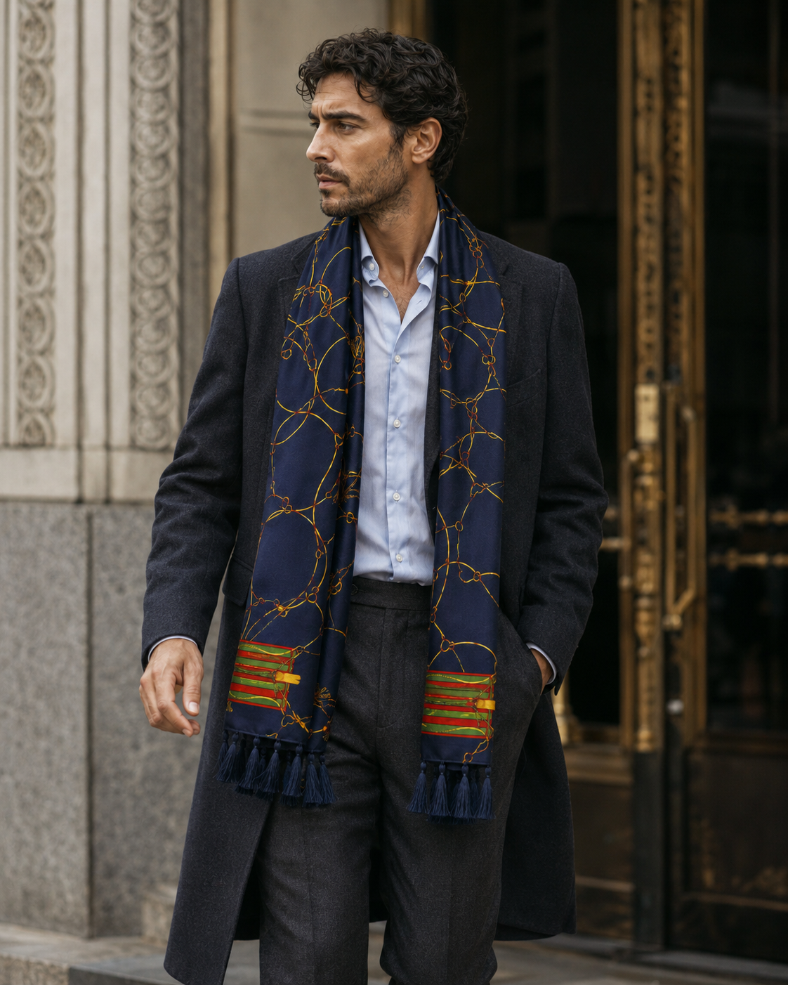Royal Blue and Gold Stripes Silk Scarf by Monzoro – view 17