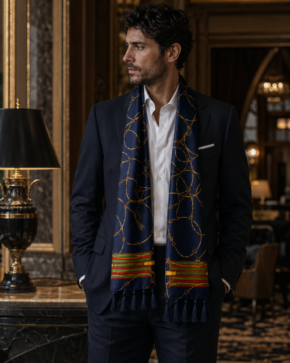 Royal Blue and Gold Stripes Silk Scarf by Monzoro – view 18
