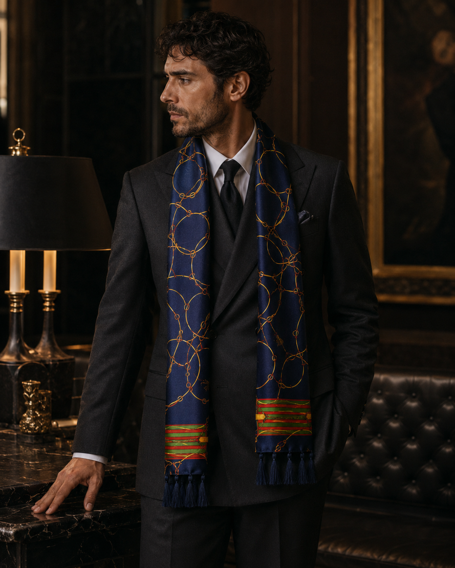 Royal Blue and Gold Stripes Silk Scarf by Monzoro – view 19