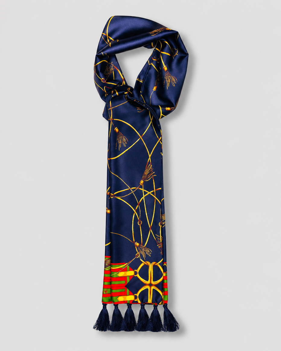 Royal Blue and Gold Stripes Silk Scarf by Monzoro