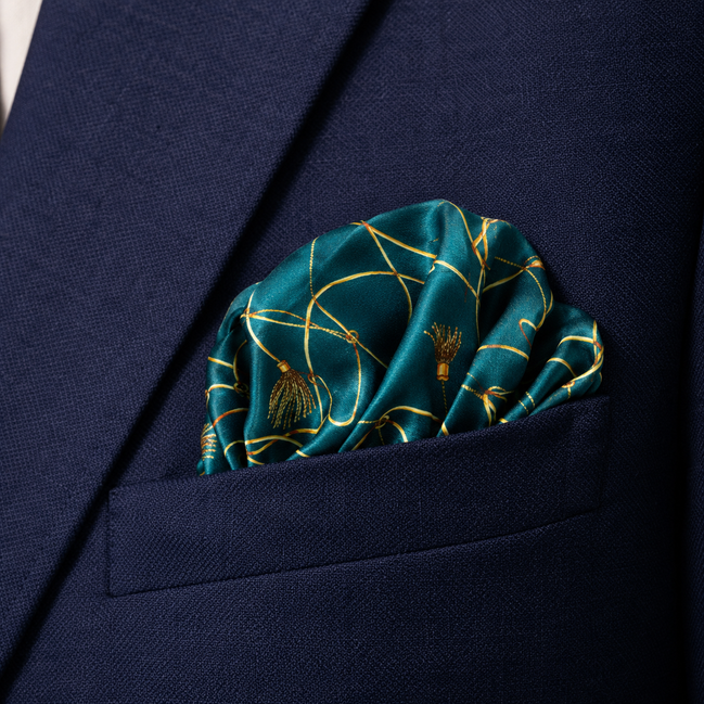 Teal Silk Pocket Square with Golden Ropes by Monzoro – view 17