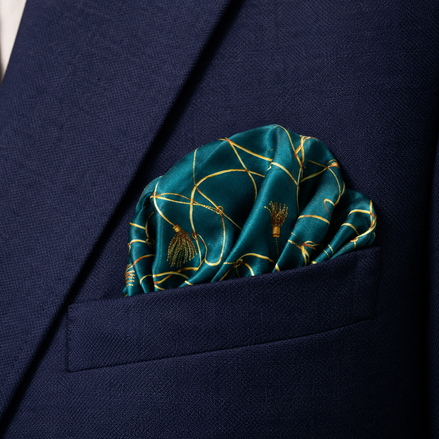 Teal Silk Pocket Square with Golden Ropes by Monzoro – view 17