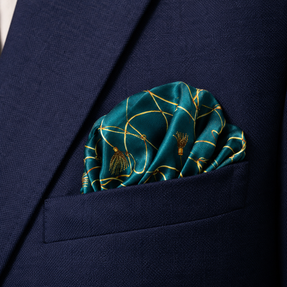 Teal Silk Pocket Square with Golden Ropes by Monzoro – view 17