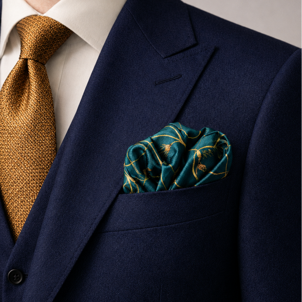 Teal Silk Pocket Square with Golden Ropes by Monzoro – view 18