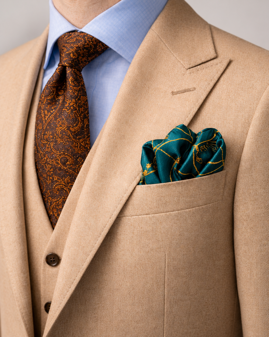Teal Silk Pocket Square with Golden Ropes by Monzoro – view 19