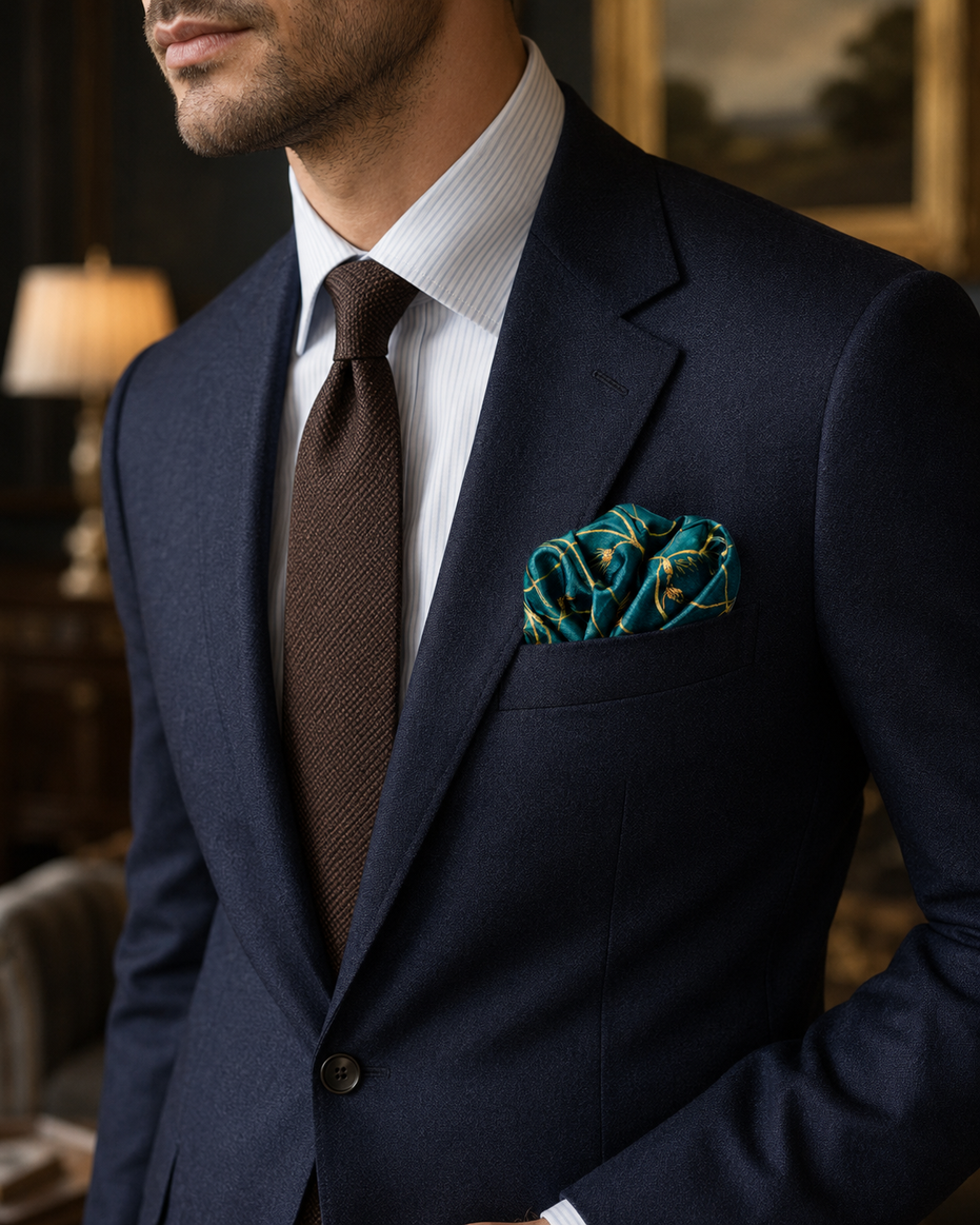 Teal Silk Pocket Square with Golden Ropes by Monzoro – view 20