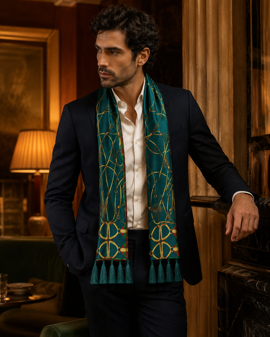 Teal Silk Scarf with Golden Ropes by Monzoro – view 13