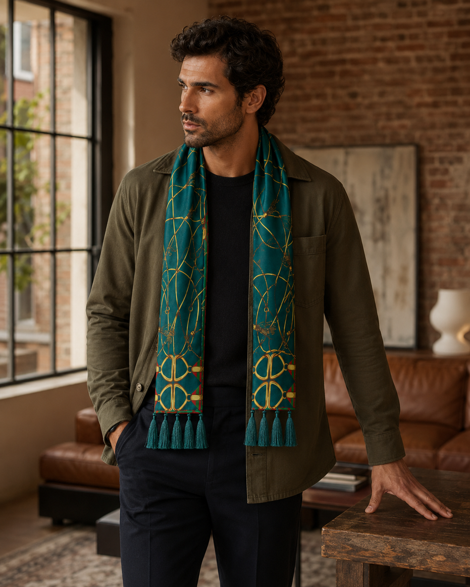 Teal Silk Scarf with Golden Ropes by Monzoro – view 14