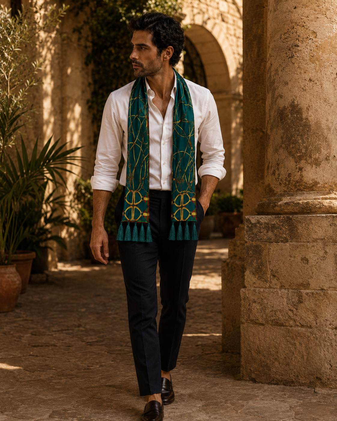 Teal Silk Scarf with Golden Ropes by Monzoro – view 15