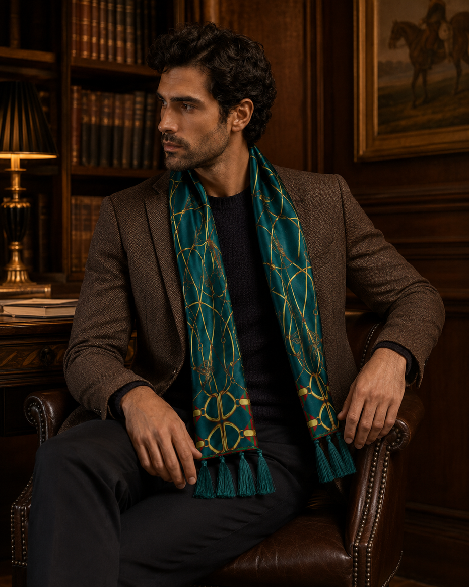 Teal Silk Scarf with Golden Ropes by Monzoro – view 16