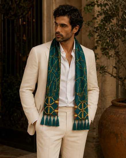Teal Silk Scarf with Golden Ropes by Monzoro – view 17