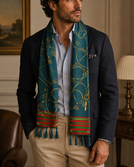 Teal Silk Scarf with Golden Ropes by Monzoro – view 5