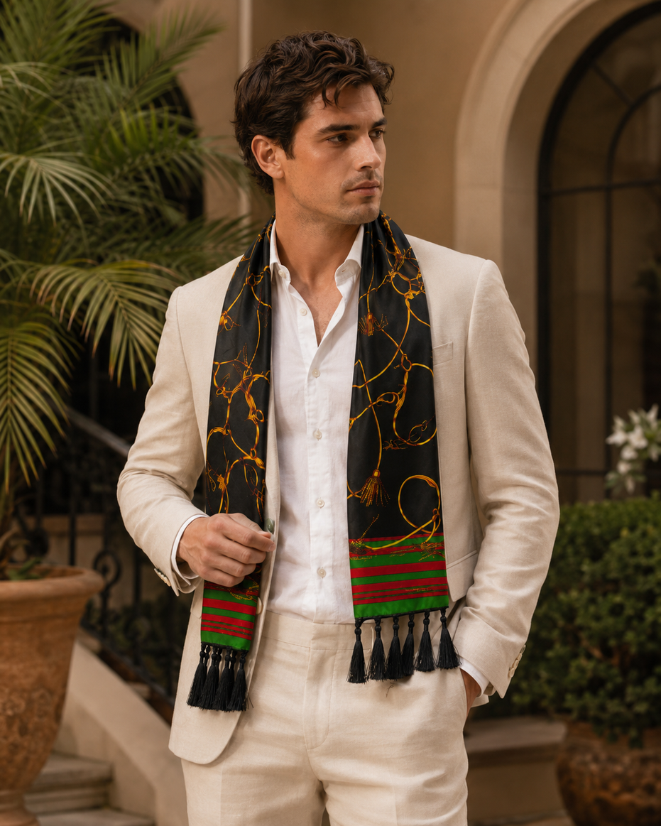 Vintage Black and Gold Stripes Silk Scarf by Monzoro – view 24