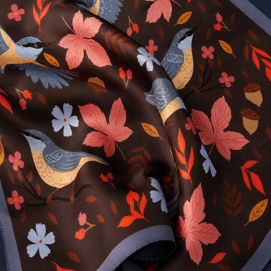 Winter Birds and Autumn Leaves Silk Pocket Square by Monzoro – view 9