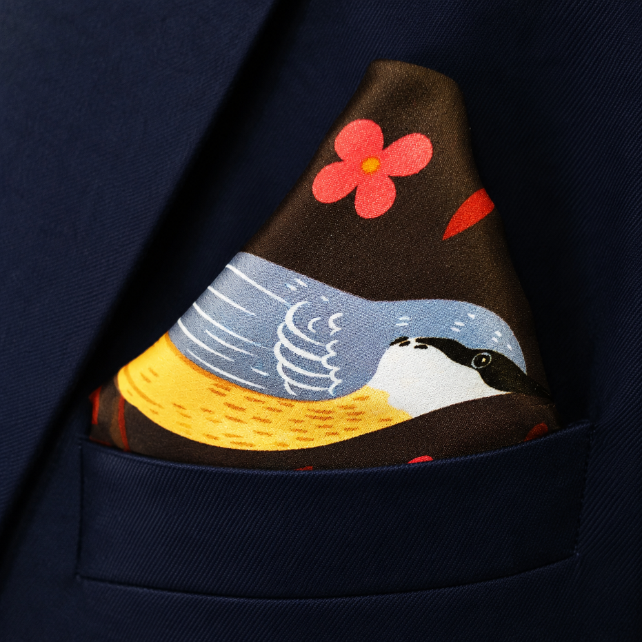 Winter Birds and Autumn Leaves Silk Pocket Square by Monzoro – view 10