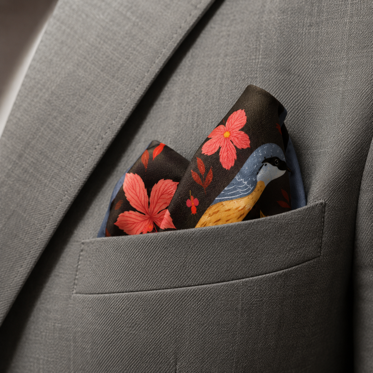 Winter Birds and Autumn Leaves Silk Pocket Square by Monzoro – view 17