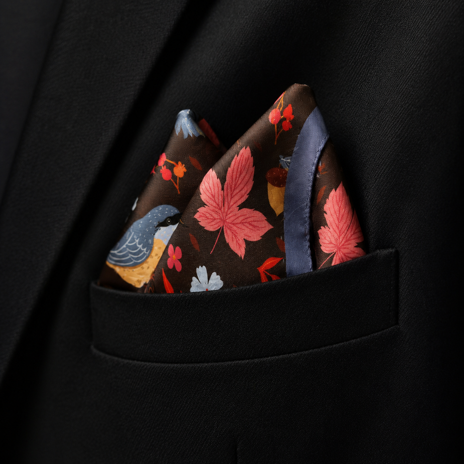 Winter Birds and Autumn Leaves Silk Pocket Square by Monzoro – view 19