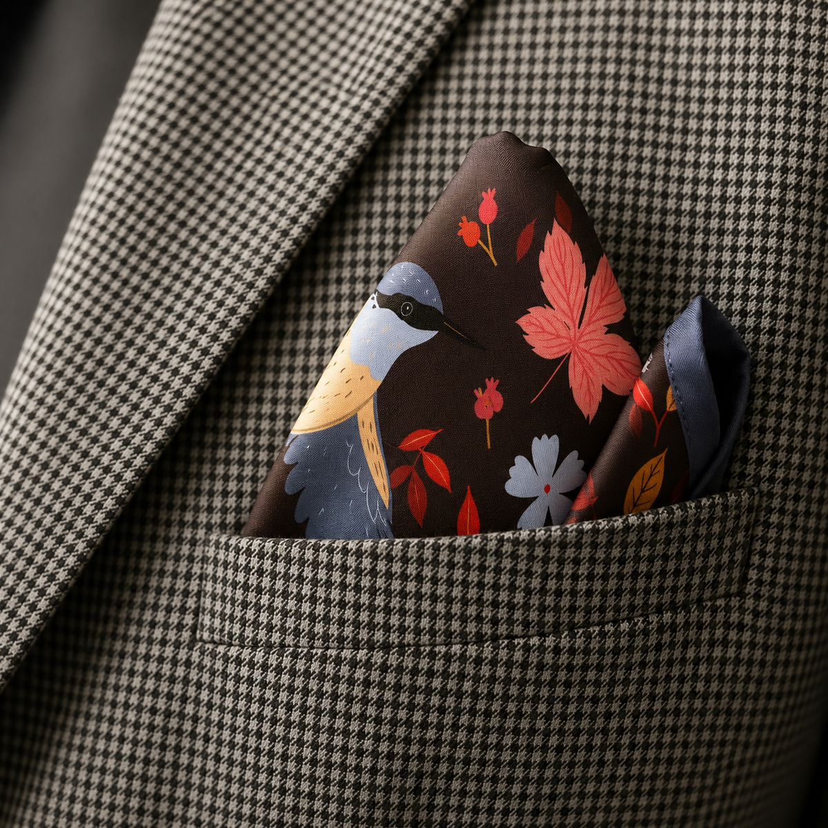 Winter Birds and Autumn Leaves Silk Pocket Square by Monzoro – view 20