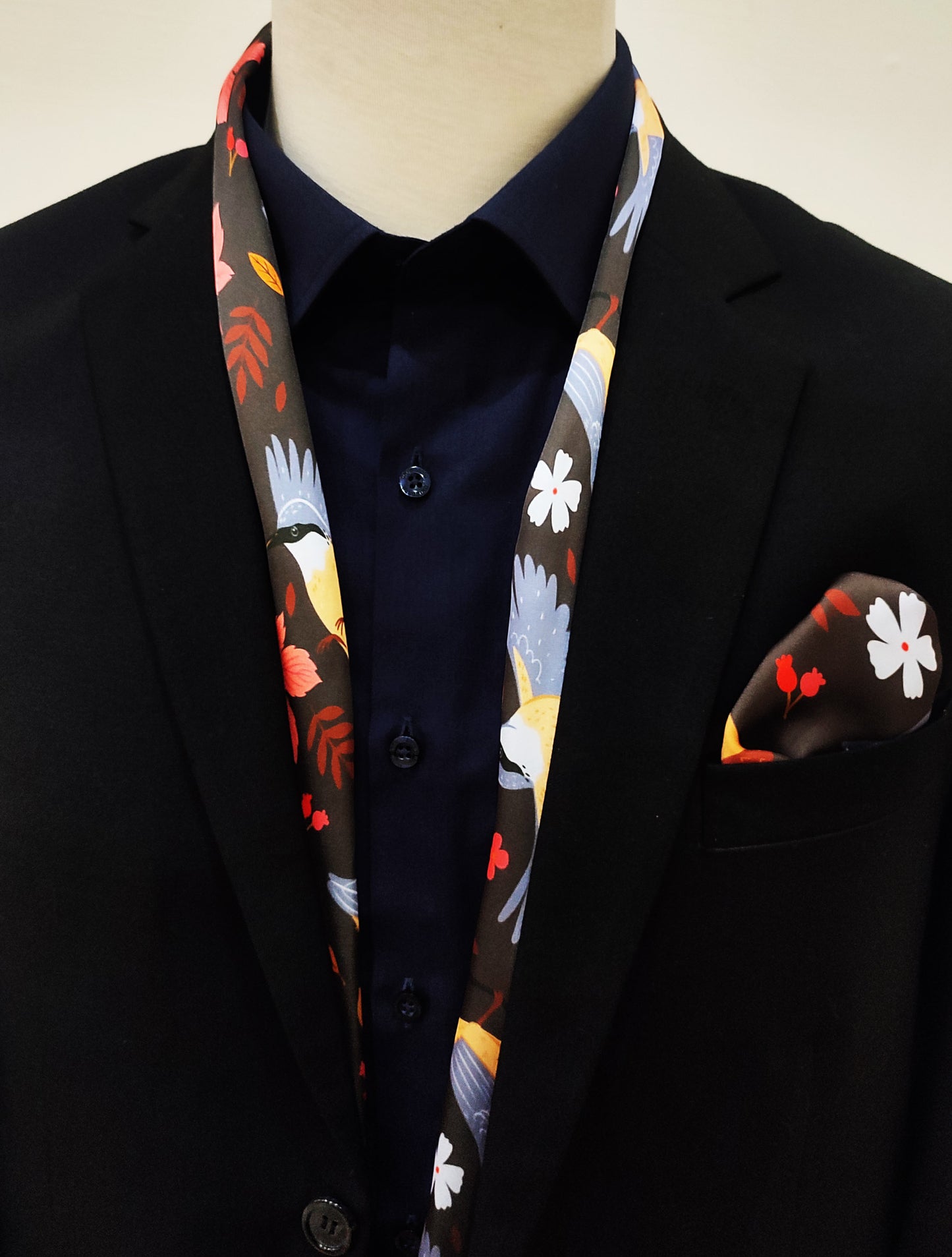 Winter Birds and Autumn Leaves - Silk Scarf and Pocket Square Set