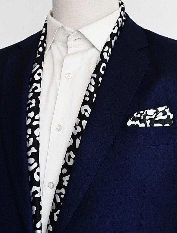 BLACK AND WHITE LEOPARD SILK Scarf And POCKET SQUARE Set