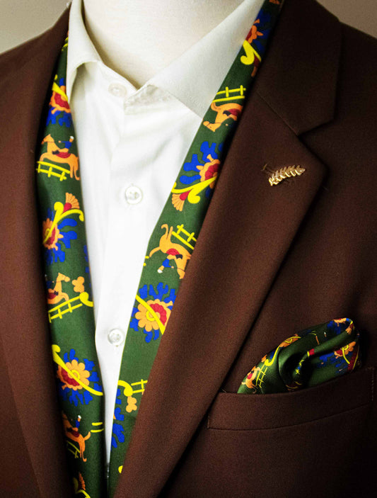 Paisley and Floral Olive Green - Silk Scarf and Pocket Square Set