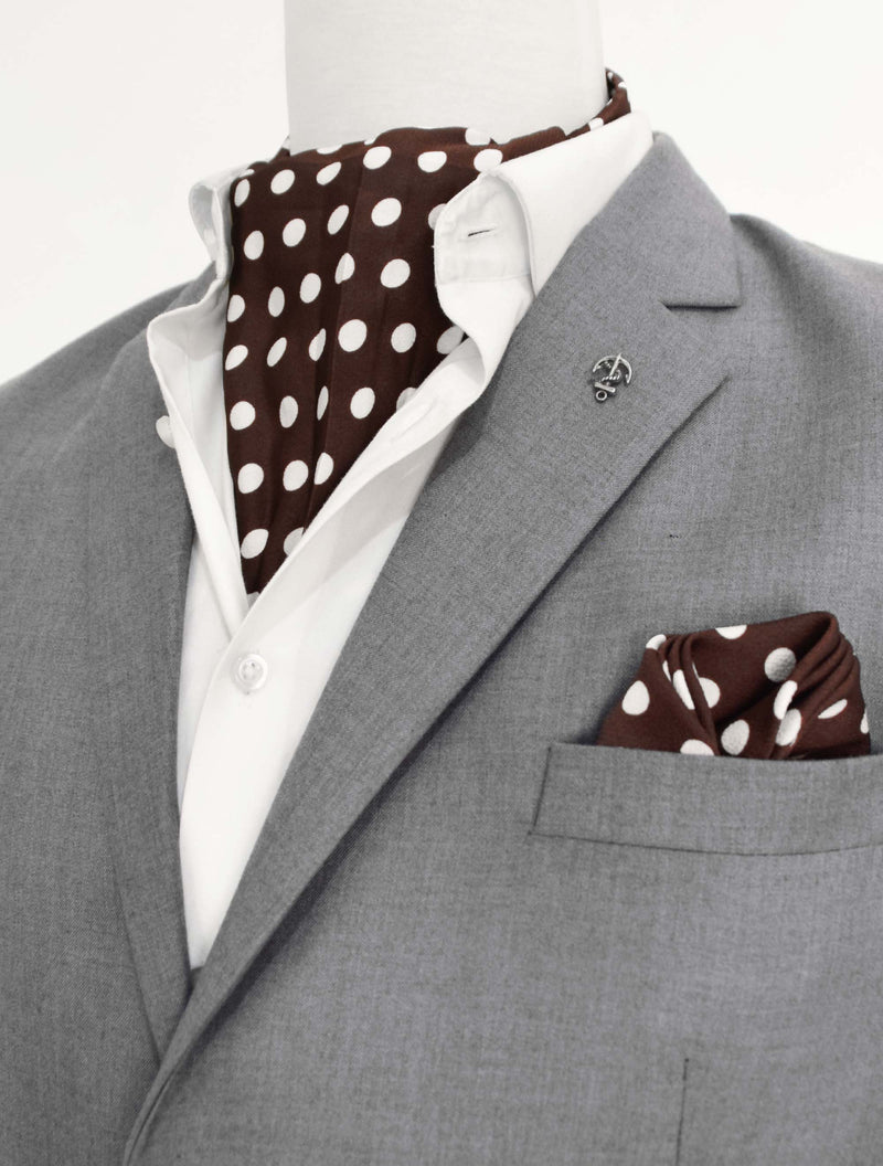 Coffee Base Polka - Men Silk Ascot and  Pocket Square