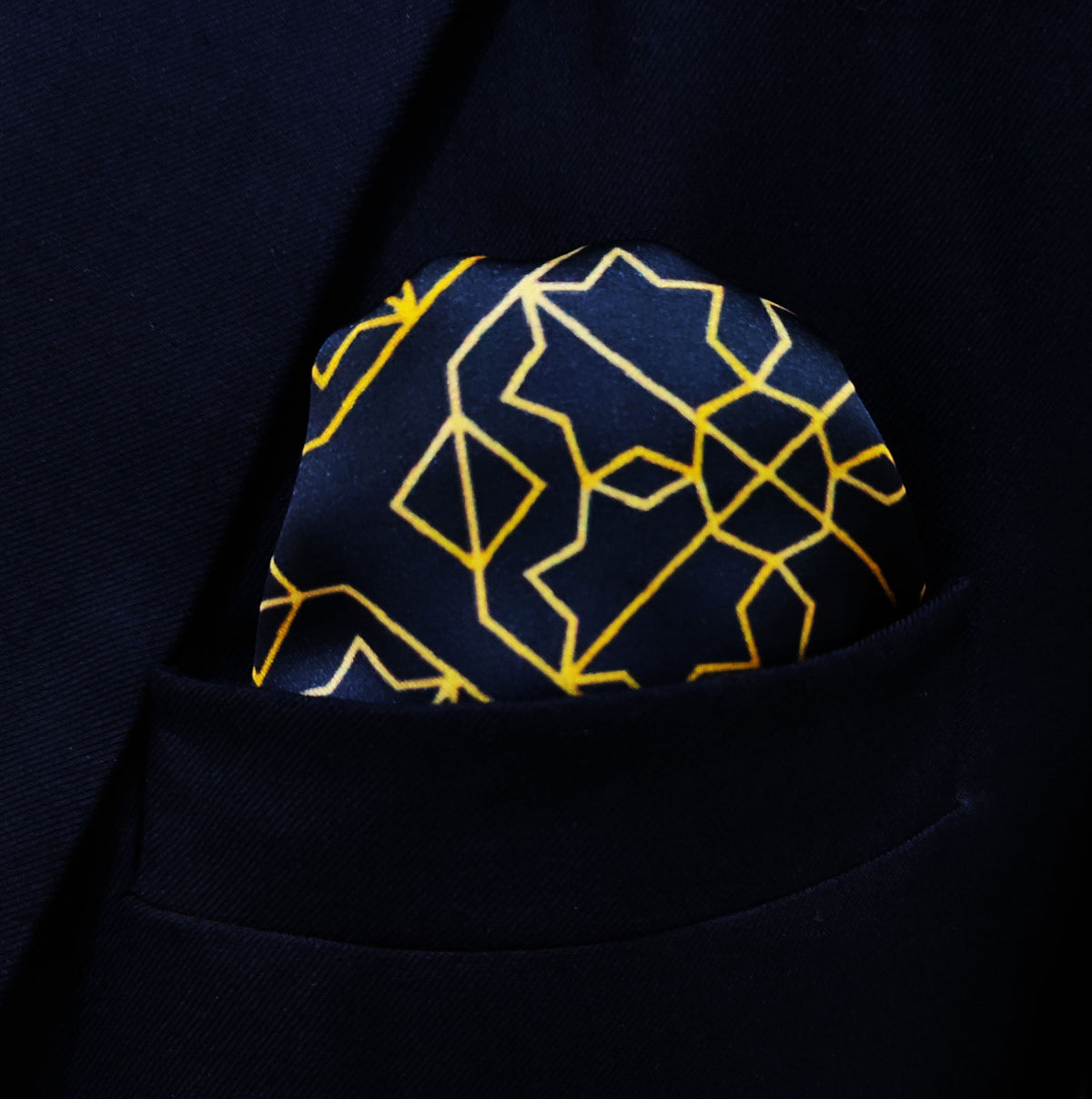 Navy and Gold Rugs Silk Pocket Square by Monzoro – view 2