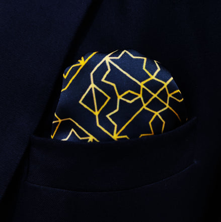 Navy and Gold Rugs Silk Pocket Square by Monzoro – view 2