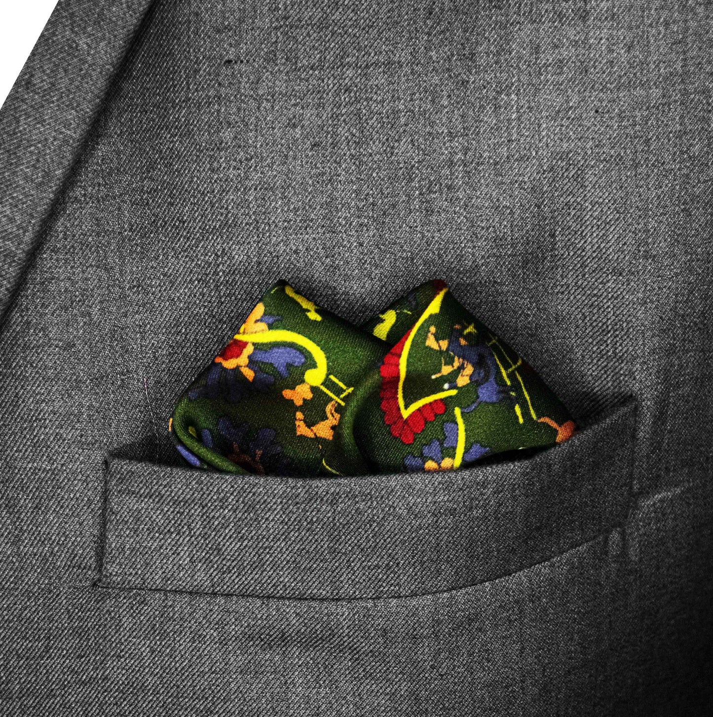 Olive Green Paisley and Floral - Silk Pocket Square