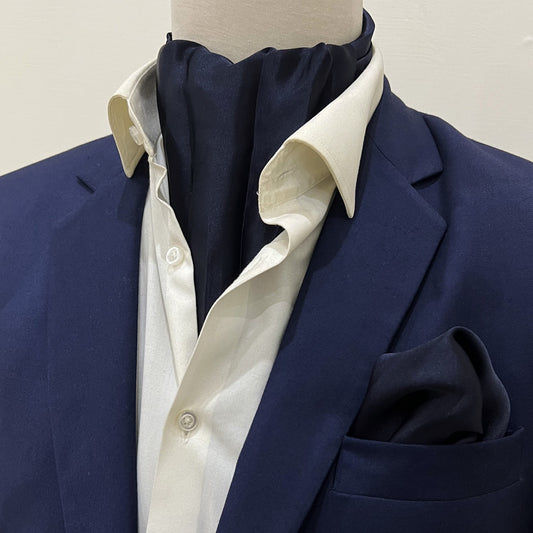 Dark Blue - Silk Men Ascot and Pocket Square Set