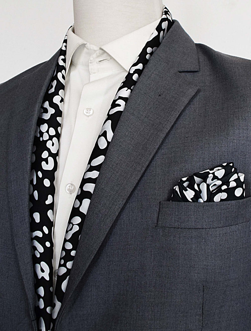 BLACK AND WHITE LEOPARD SILK Scarf And POCKET SQUARE Set