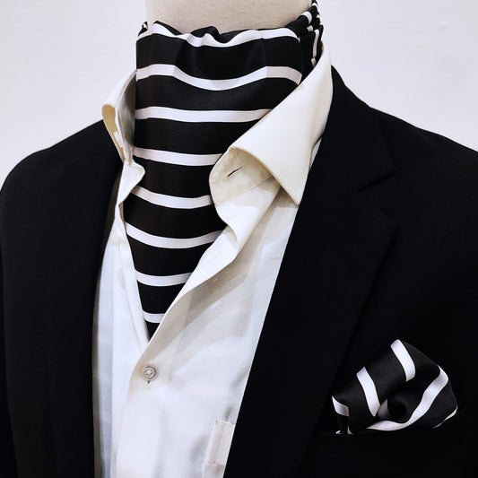 Black with White - Silk Men Ascot and Pocket Square Set