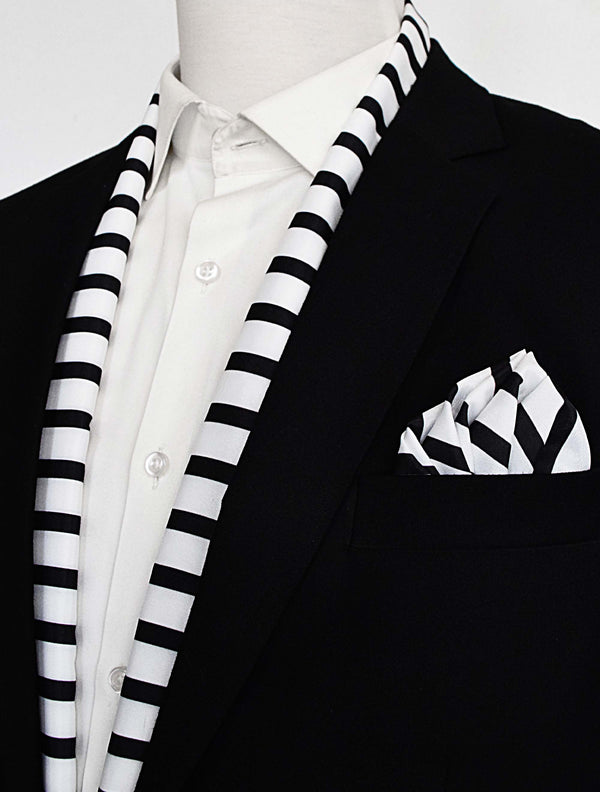 Black & White Stripes Silk Scarf & Pocket Square Set