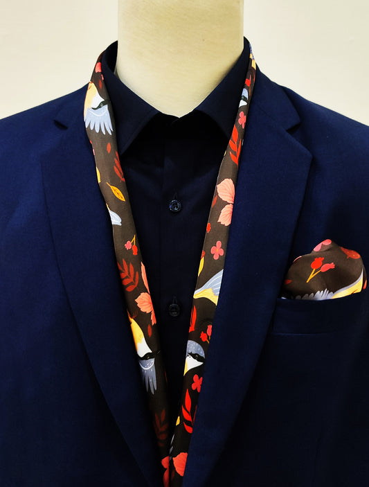 Winter Birds and Autumn Leaves - Silk Scarf and Pocket Square Set