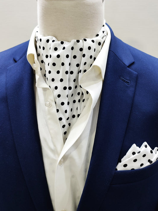 SNOW WHITE BASE POLKA SILK ASCOT And Pocket Square SET