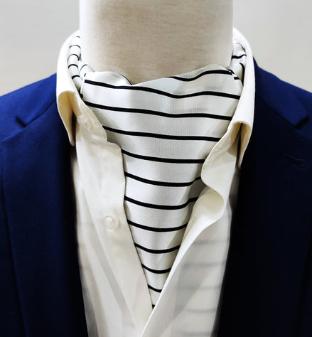Sleek Black & White Stripes Silk Ascot by Monzoro