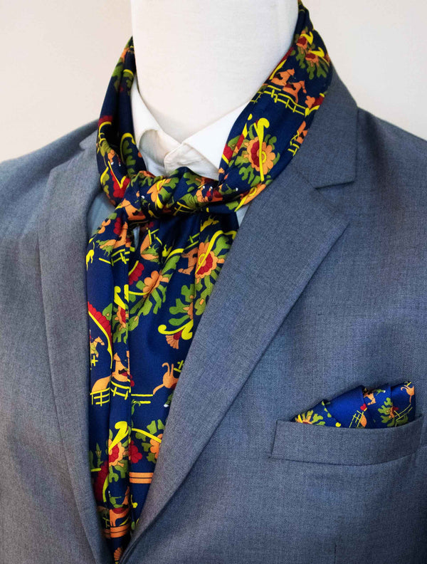 Paisley And Floral Navy Blue - Silk Scarf And Pocket Square Set